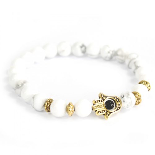 Goldene Hamsa / Weißer Stein – Edelsteinarmband