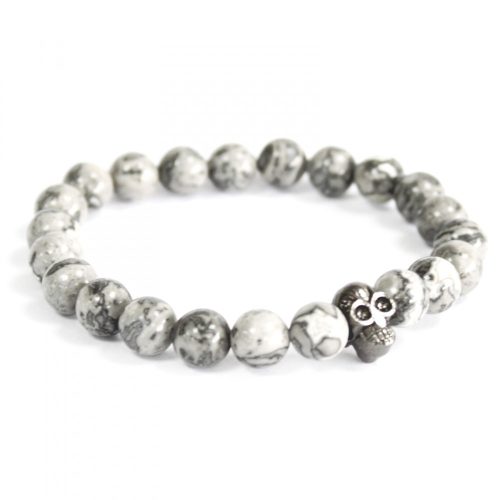 Zink Schädel / Grauer Achat - Edelsteinarmband