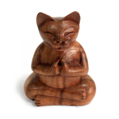 Geschnitzter Holz-Räucherhalter – Große Yoga-Katze