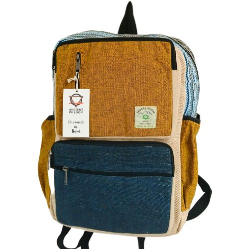 Großer Hanf Rucksack – Türkisgrün und Senf  