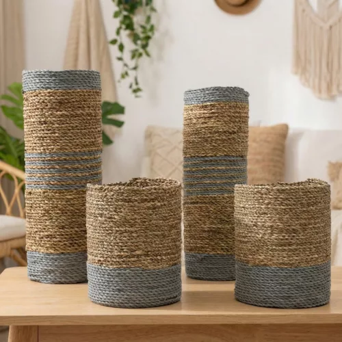 Tengerifű és Rafia Szett - 2 Váza és 2 Kosár