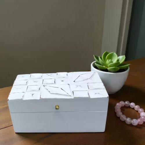 Vintage Deco Fa Doboz - Fehér Gyémántok