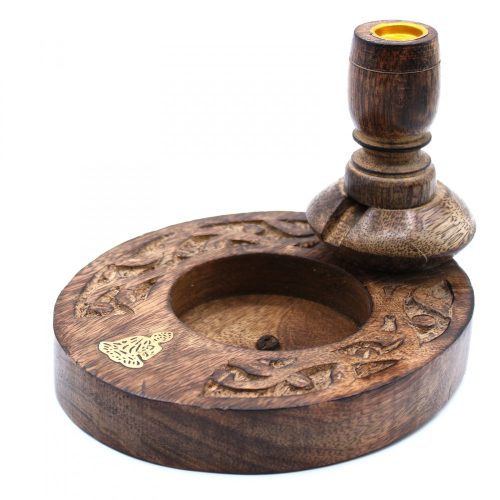 Kleiner Mango-Holz „Flüssiger Rauch“ Räucherstäbchenhalter – Messing-Buddha